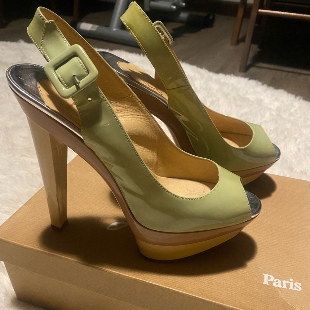 Light green and tan sling back platform heel